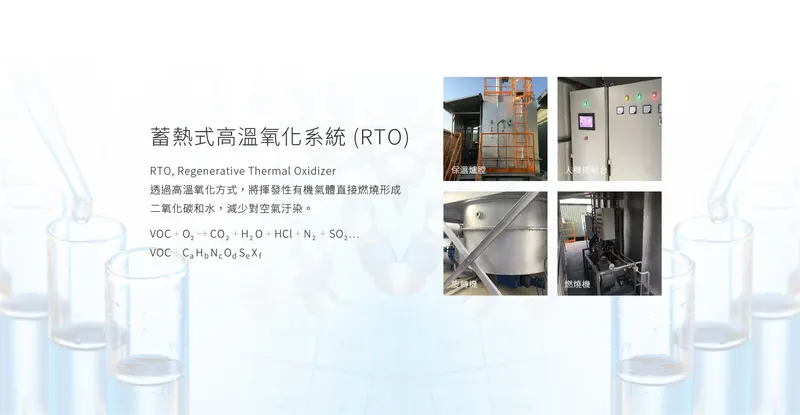 蓄熱式高溫氧化系統 RTO 保溫爐膣、人機控制台、旋轉機與燃燒機